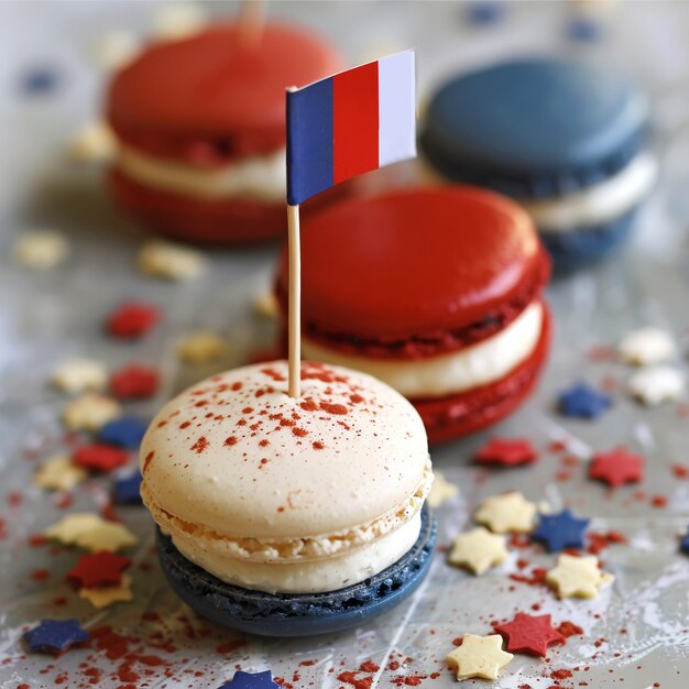 Weiße, rote und blaue Macarons in den Farben der Nationalflagge