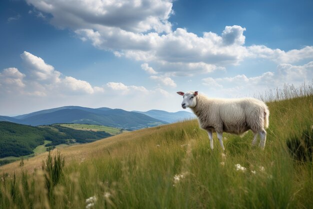 Weiße Schafe weiden auf einem Feld mit Bergen im Hintergrund