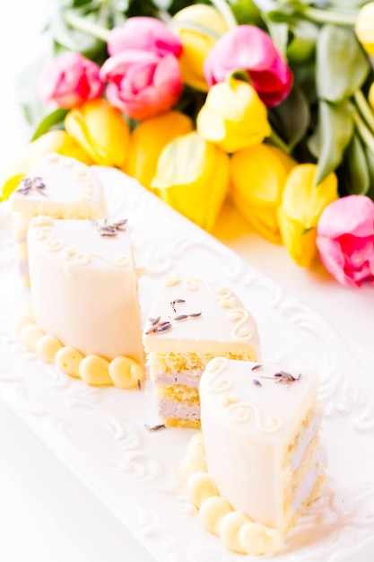 Weiße Schokoladen-Honig-Lavendel-Torte aus Biskuitkuchen mit Honig und gefüllt mit Lavendelmousse, umhüllt von weißer Schokolade.