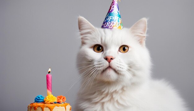 Weiße schottische Katze feiert seinen Geburtstag Katze mit Geburtstagshut