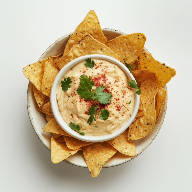 Weiße Schüssel mit Chips und Cilantro