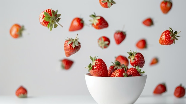 Weiße Schüssel mit fliegenden Erdbeeren