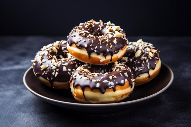 Weiße Schüssel mit vier Schokoladen-Donuts auf Stein-Hintergrund