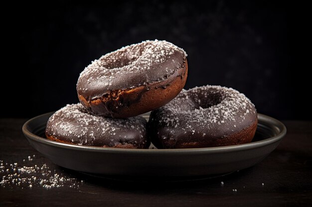 Weiße Schüssel mit zwei Schokoladen-Donuts auf Stein-Hintergrund