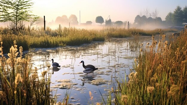 Weiße Schwäne fliegen über dem Wasser Bild, das mit Aquarellen erstellt wurde