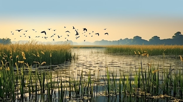 Weiße Schwäne fliegen über dem Wasser Bild, das mit Aquarellen erstellt wurde