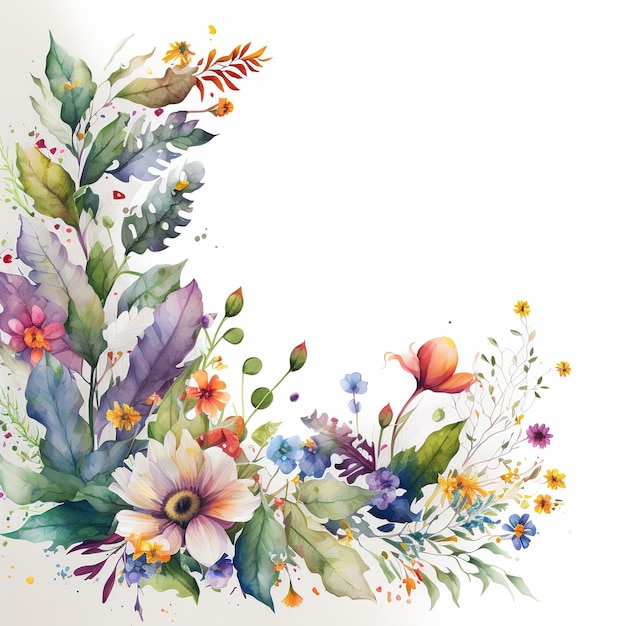 Weiße Seite mit einem Rand aus Aquarell gemalten Blumen