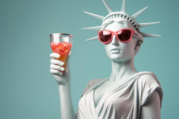 Foto weiße skulptur der freiheitsstatue mit roter sonnenbrille und einem cocktailglas in der hand