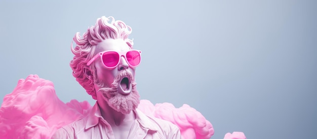 Weiße Skulptur mit überrascht geöffnetem Mund und rosa Brille auf blauem Hintergrund