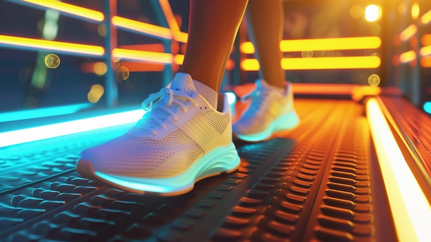 Weiße Sneakers auf Laufband Cardio-Fitness und aktiver Lebensstil