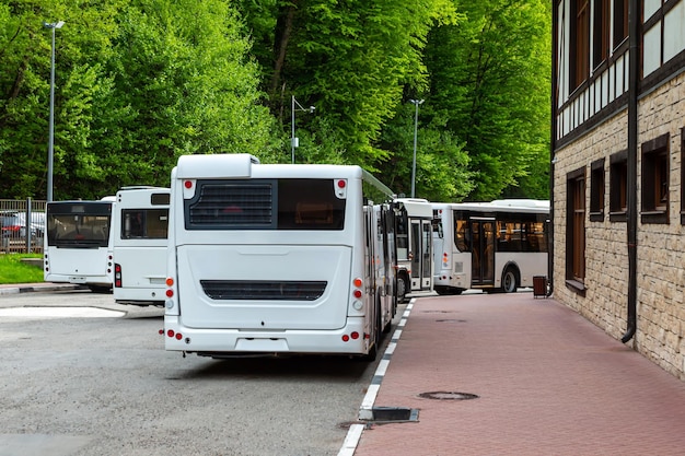 Weiße Stadtbusse am Bahnhof in der Nähe des grünen Parks