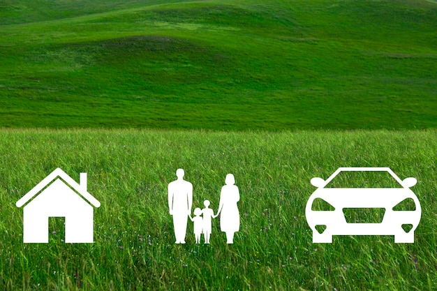 Weiße Symbole verschiedener Versicherungsarten auf einem Hintergrund von grünem Gras. Lebensversicherung, Auto, Sachversicherungskonzept. Foto in hoher Qualität