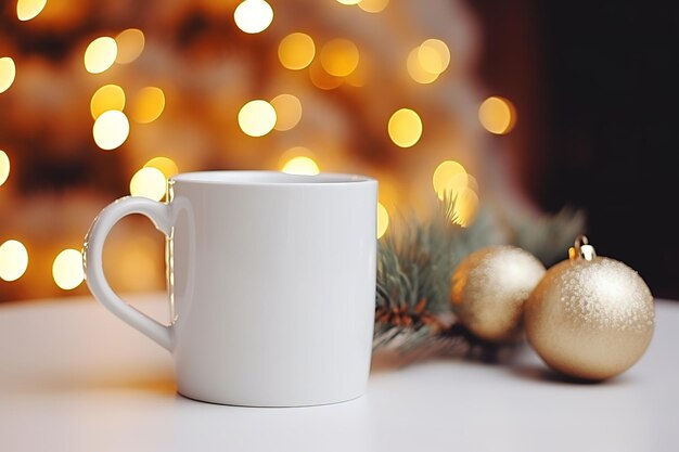 Weiße Tasse auf einem weißen Tisch mit hellen, unscharfen Lichtern und Geschenken im Hintergrund Nahaufnahme einer Keramiktasse für Werbung und Design für Neujahr und Weihnachten