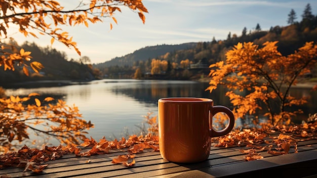 Weiße Tasse auf hölzerner Tischplatte im Herbstabendhintergrund