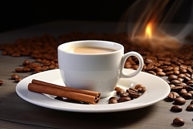 Weiße Tasse heißen Kaffee mit Zimt auf einer Untertasse