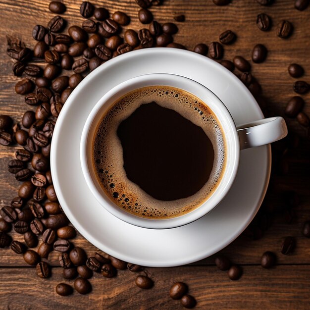 Weiße Tasse Kaffee auf dem Holztisch mit einigen Kaffeebohnen