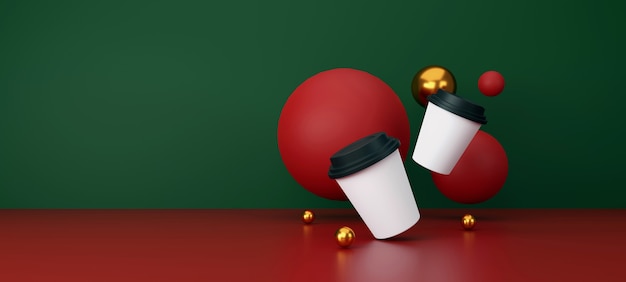 Weiße Tasse Kaffee auf grünem und rotem Hintergrund. 3D-Darstellung