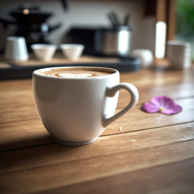 Weiße Tasse mit Latte-Kaffee und Blütenblättern auf einem Holztisch, der mit generativer KI-Technologie erstellt wurde