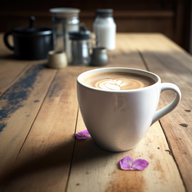 Weiße Tasse mit Latte-Kaffee und Blütenblättern auf einem Holztisch, der mit generativer KI-Technologie erstellt wurde