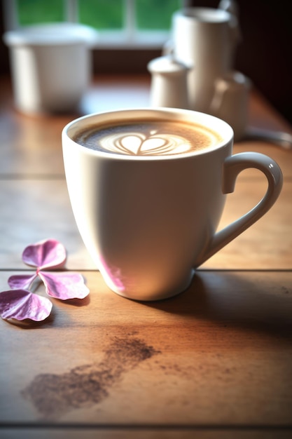 Weiße Tasse mit Latte-Kaffee und Blütenblättern auf einem Holztisch, der mit generativer KI-Technologie erstellt wurde