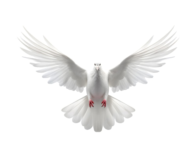 Weiße Taube, die frei fliegt, mit offenen Flügeln, Vorderansicht, isoliert auf einem transparenten Hintergrund