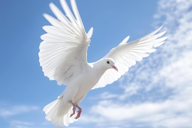 Weiße Taube fliegt im generativen Himmel des blauen Himmels