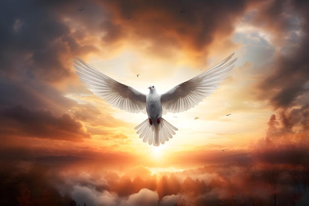 weiße Taube fliegt über den Abendhimmel Symbol des Heiligen