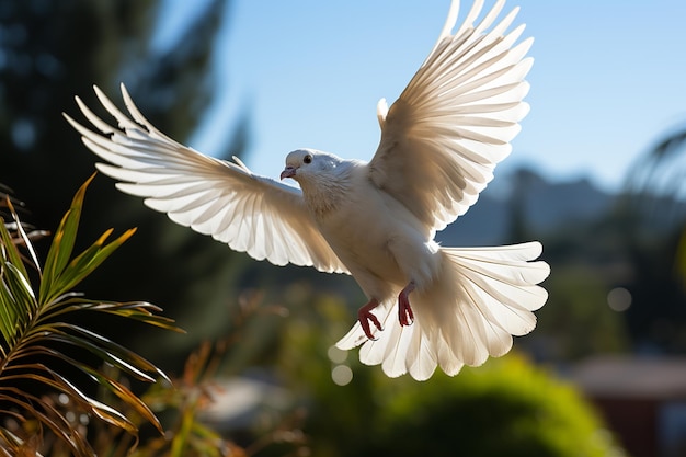 Weiße Taube im blauen Himmel als Symbol der Hoffnung am Internationalen Tag des Friedens