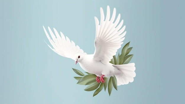 Weiße Taube mit Olivenzweig auf blauem Hintergrund Konzept zum Internationalen Friedenstag