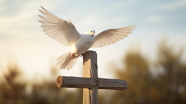 weiße Taube und ein Kreuz auf blauem Himmel