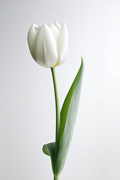 Weiße Tulpe in einer Glasvase mit grünem Blatt.