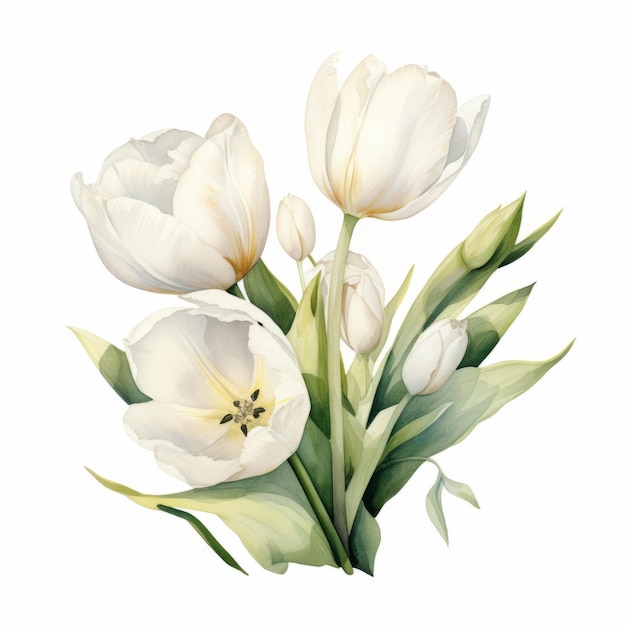 Weiße Tulpen-Aquarellmalerei, zarte Stillleben, inspiriert von der Natur