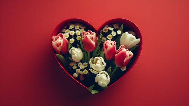 Weiße Tulpen in einer herzförmigen Schachtel auf rotem Hintergrund