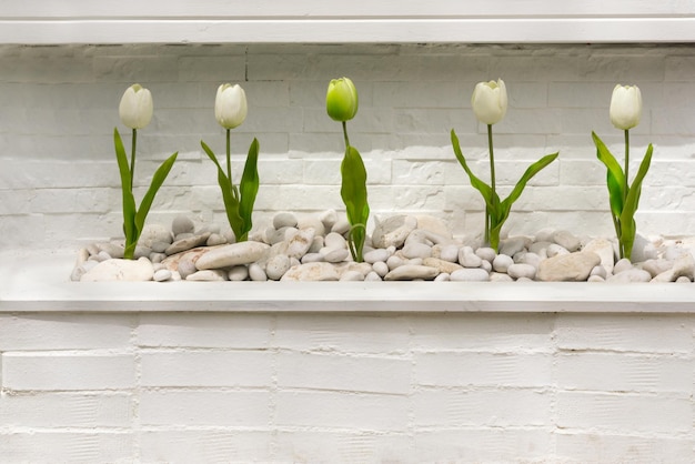 Weiße Tulpen mit Kieselsteinen gegen eine weiße Backsteinmauer