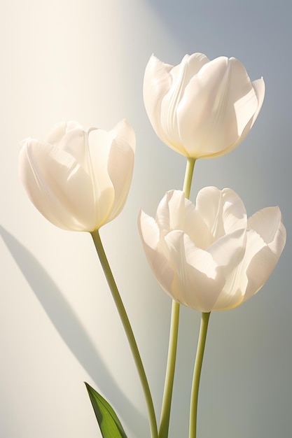 Weiße Tulpenblumen auf weißem Hintergrund im Sonnenlicht