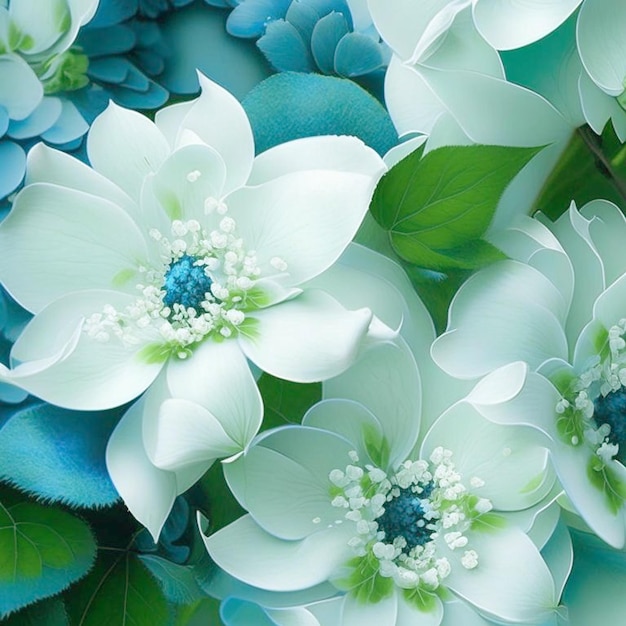 Weiße und blaue Blüten mit grünen Stielen und Blättern