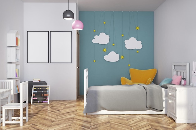 Weiße und blaue Kinderzimmereinrichtung mit einem grauen Bett, einem gelben Sessel, Wolkendekoration und zwei vertikalen Postern. 3D-Rendering-Attrappe