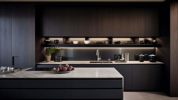 Weiße und braune moderne Küche mit Holzinsel 3D-Rendering