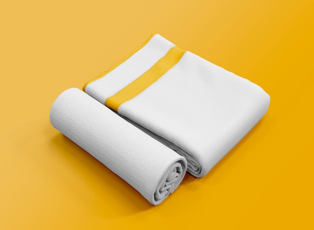 Weiße und gelbe aufgerollte und gefaltete Handtücher Handtücher isoliert 3D-Rendering