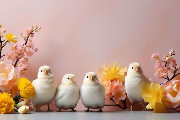 Foto weiße und gelbe papageien stehen auf einem roo-hintergrund mit blühenden zweigen