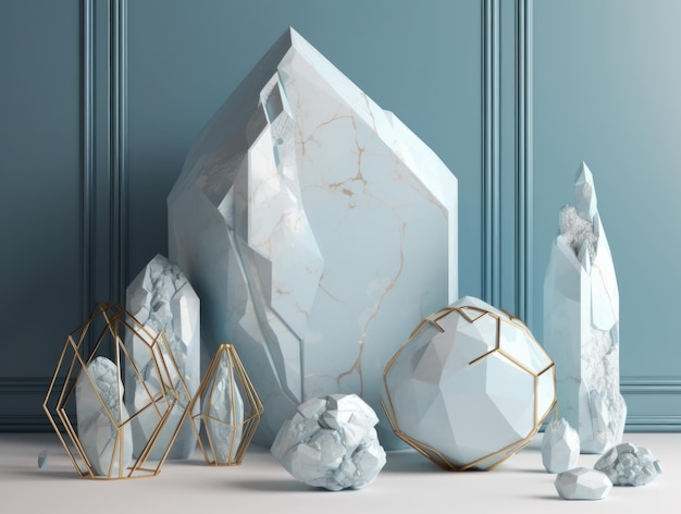 Weiße und goldene Kristall- und Marmorgeometrische Primitive Muster abstrakter Hintergrund, der mit generativer KI-Technologie erstellt wurde