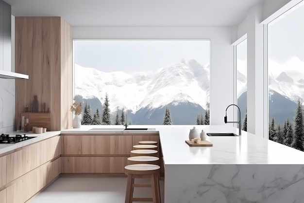 Weiße und hölzerne Küchengarnitur auf Holzschneidetisch mit weißem Boden und Platz für Flaschen, Seitenansicht