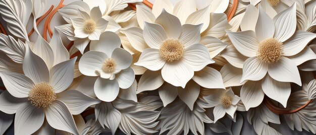 Weiße und lebendige 3D-Blumenfliesen erzeugen eine abstrakte Wandtextur mit Blumen und Blättern