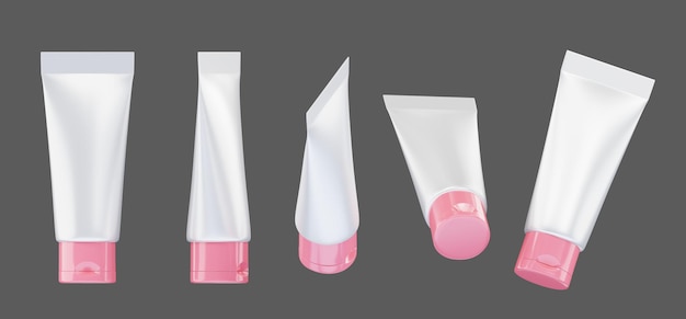 Weiße und rosa Handcreme-Röhre in verschiedenen Posen isoliert 3D-Rendering ohne KI generiert