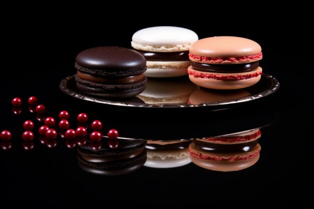Foto weiße und rote schokoladenmacarons auf schwarzem hintergrund teller mit macarons auf einem schwarzen tisch