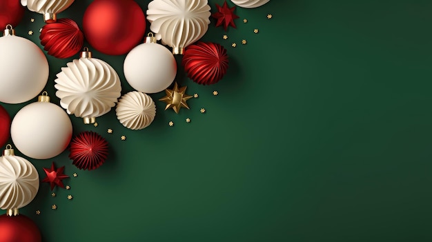 Weiße und rote Weihnachtskugeln und Dekorationen auf dunkelgrünem Hintergrund mit Copyspace
