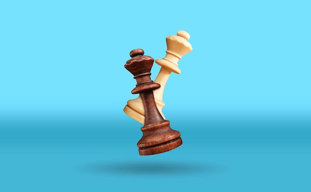 Weiße und schwarze Schachkönigin, die über dem blauen Tisch schwebt Werbung einer Schachschule