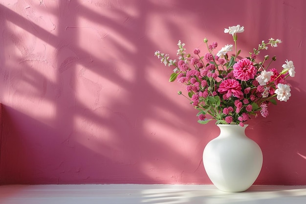 weiße Vase mit einem Blumenstrauß auf einem Tisch an einer rosa Wand mit Sonnenlicht mit Kopierplatz