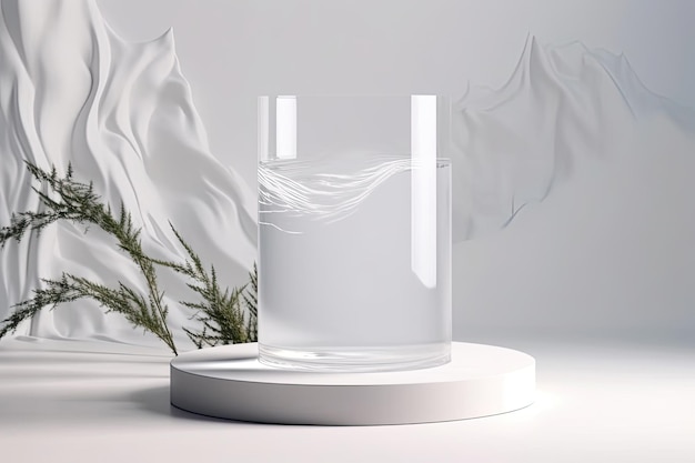 Weiße Vase mit einer grünen Pflanze im Inneren vor neutralem Hintergrund