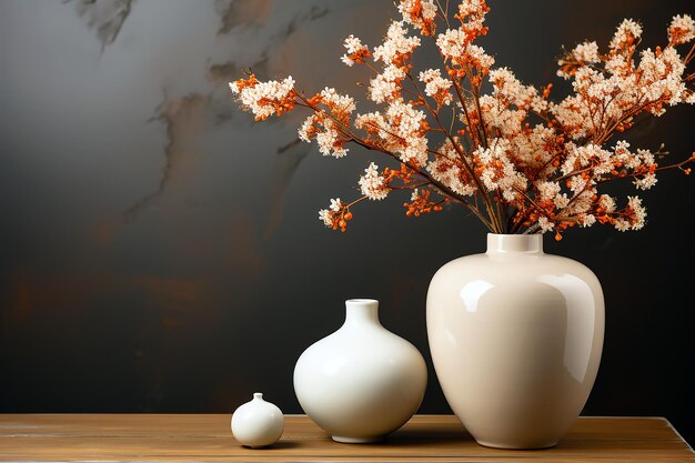 Weiße Vasen mit Blumen im Hintergrund